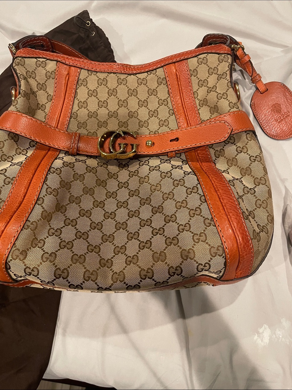Gucci Beige GG Canvas Shoulder Bag with Orange Trim